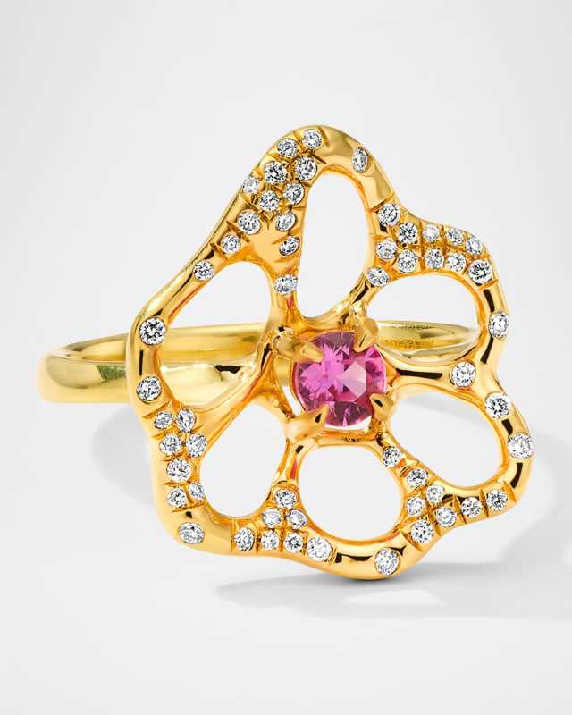 18K Gold Stardust Drizzle Medium Diamond Flora Ring with Pink Sapphires